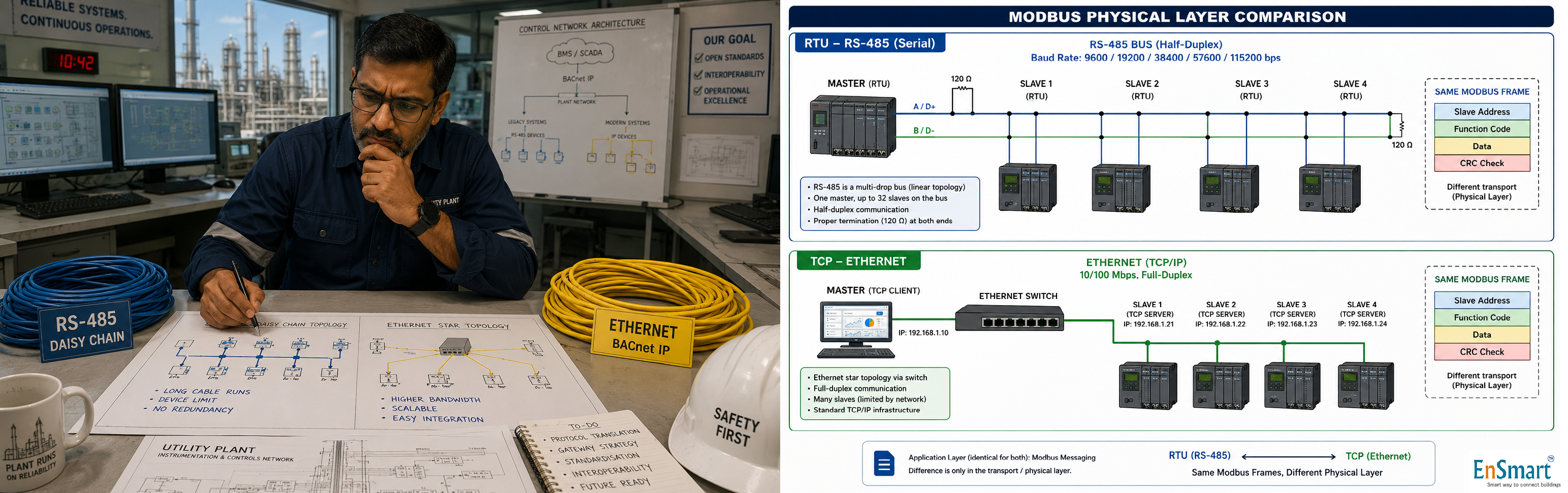 Modbus RTU vs Modbus TCP — Wires vs Network — infographic
